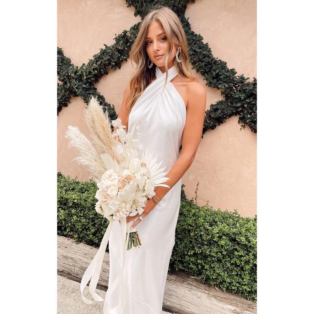 Show Me Your Mumu Jasmine Halter Maxi Dress Ivory Luxe Satin M